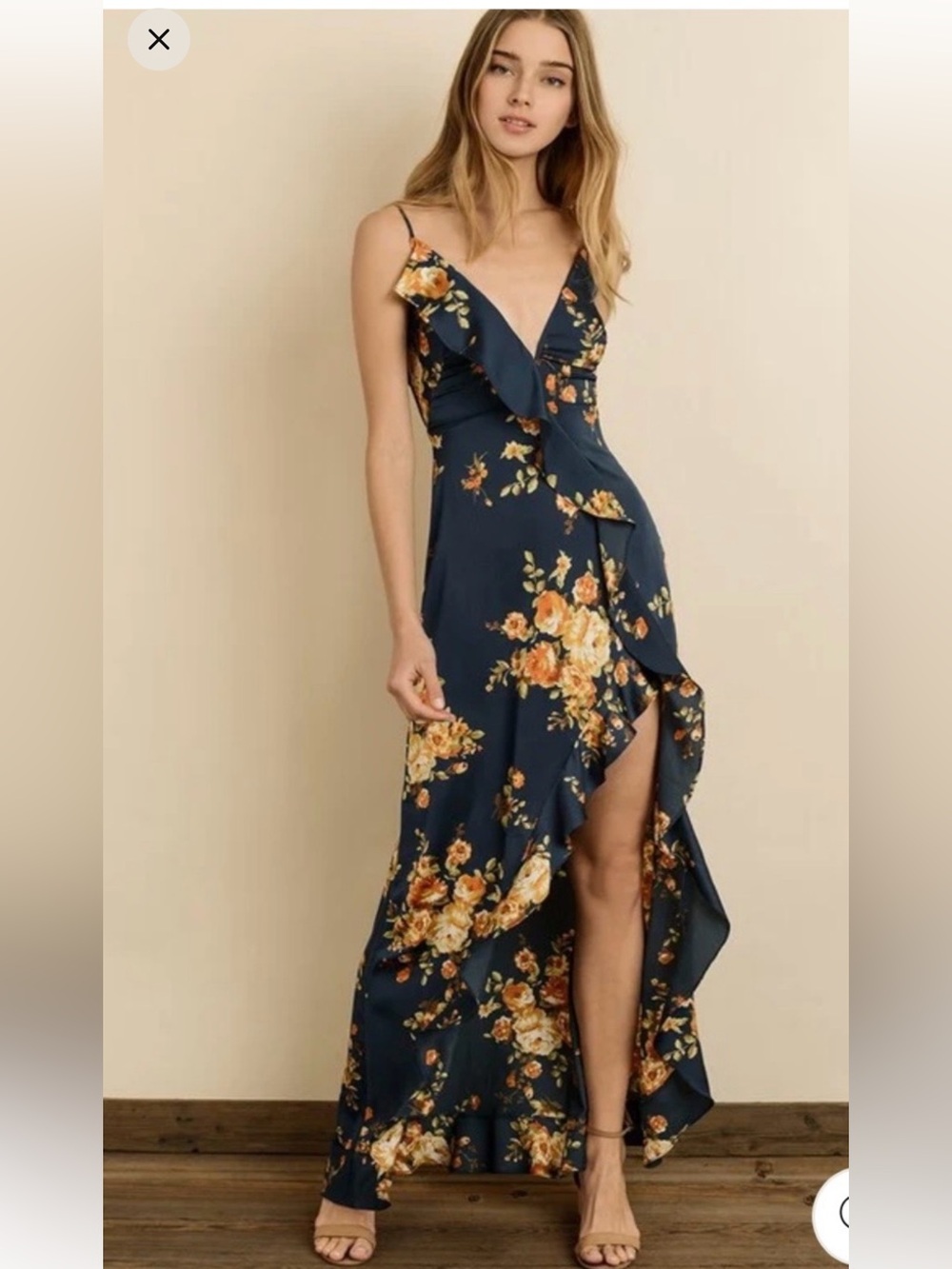 Vici Dolls Floral Satin Ruffle Halter Maxi Dress Navy Blue Flowing S Faux Wrap - Picture 8 of 16